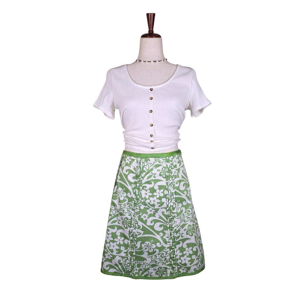 Vintage Y2K Tropical Floral Skirt SZ M Green Hibiscus Surfer Girl Beach Vacation